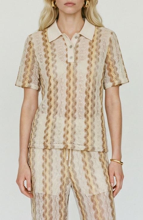 Teresa Chevron Openwork Knit Polo Top