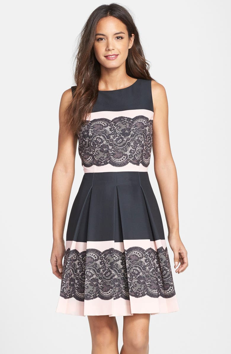 Tahari Lace Print Pleated Fit & Flare Dress, Main, color, 