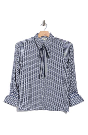 Max Studio Tie Neck Satin Button-up Shirt In Blue