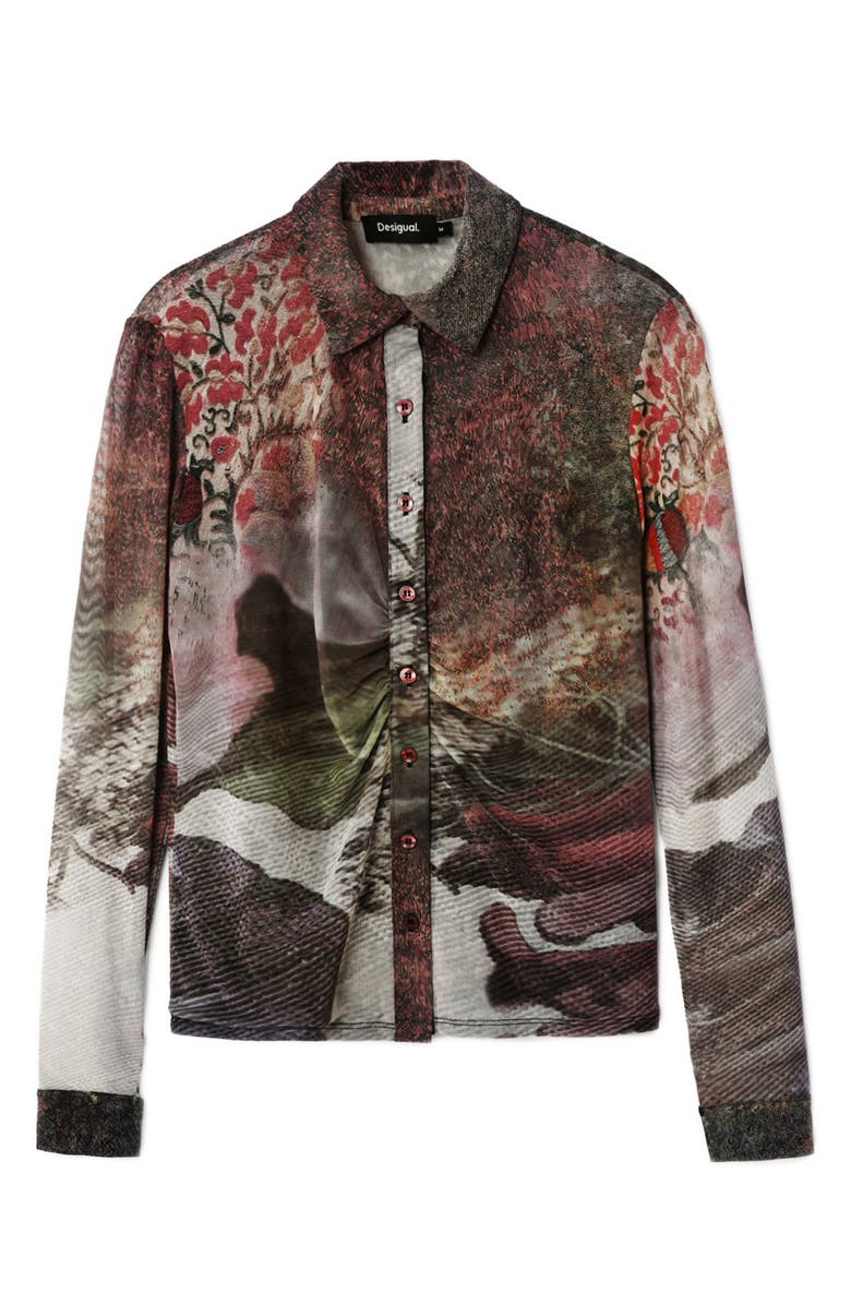 Desigual Maryland Ruched Mesh Button-Up Shirt, Alternate, color, Mix