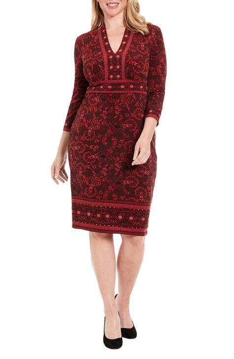 Border Print 3/4 Sleeve Midi Sheath Dress