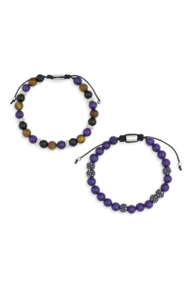 Men's Set of 2 Beaded Stretch Bracelets, Alternate, color, SILVER/ BLUE/ BROWN