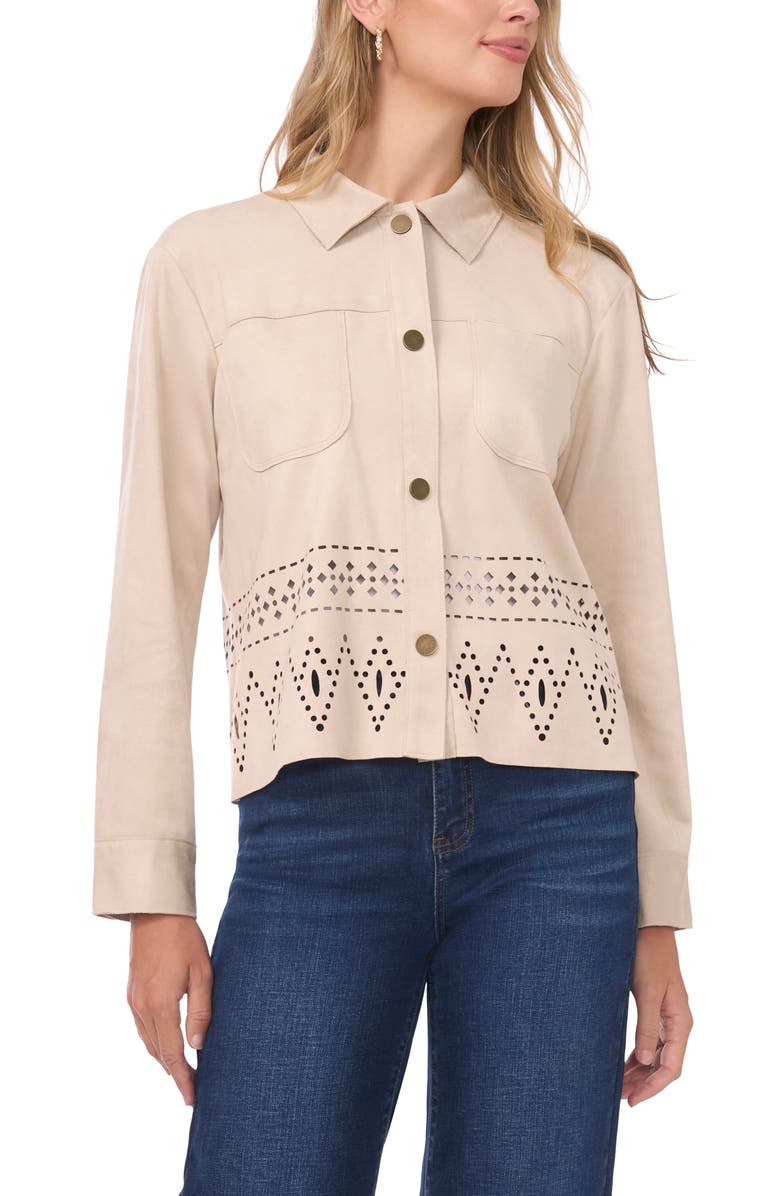 Vince Camuto Eyelet Cutout Hem Faux Suede Jacket, Alternate, color, Beige