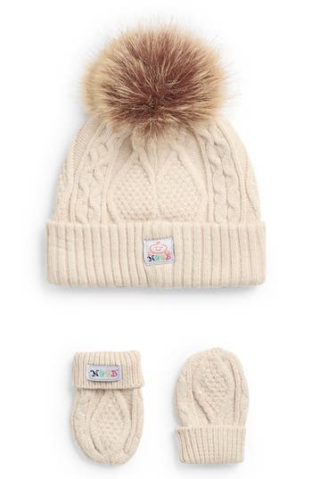 Toby Cable Knit Faux Fur Pompom Hat & Mittens Set In Neutral
