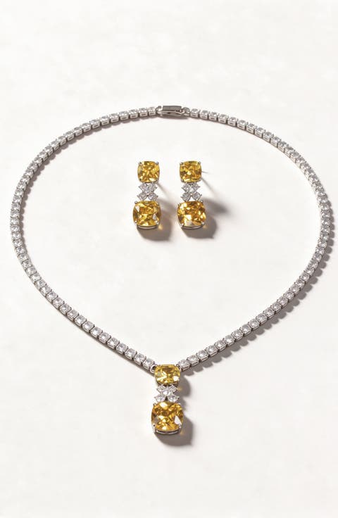 Crystal Pendant Necklace And Matching Drop Earring Jewelry Set