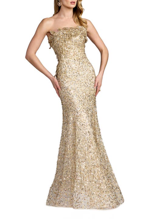 Srapless Beaded Mesh Trumpet 3D Floral Gown
