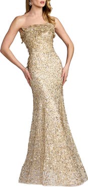 Mac Duggal Srapless Beaded Mesh Trumpet 3D Floral Gown