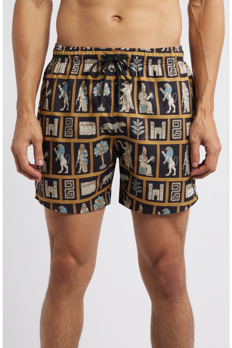 Mesopotamia Premium Mid Length Swim Trunks, Main, color, BLACK