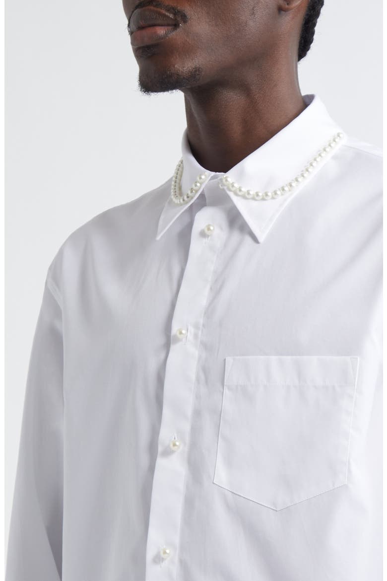 Faux Pearl Detail Classic Fit Cotton Button-Up Shirt, Alternate, color, WHITE/ PEARL