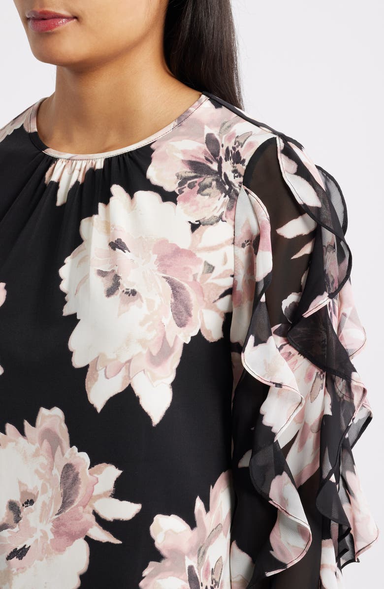 Anne Klein Ruffle Sleeve Floral Print Shirt, Alternate, color, Black Multi/ Black