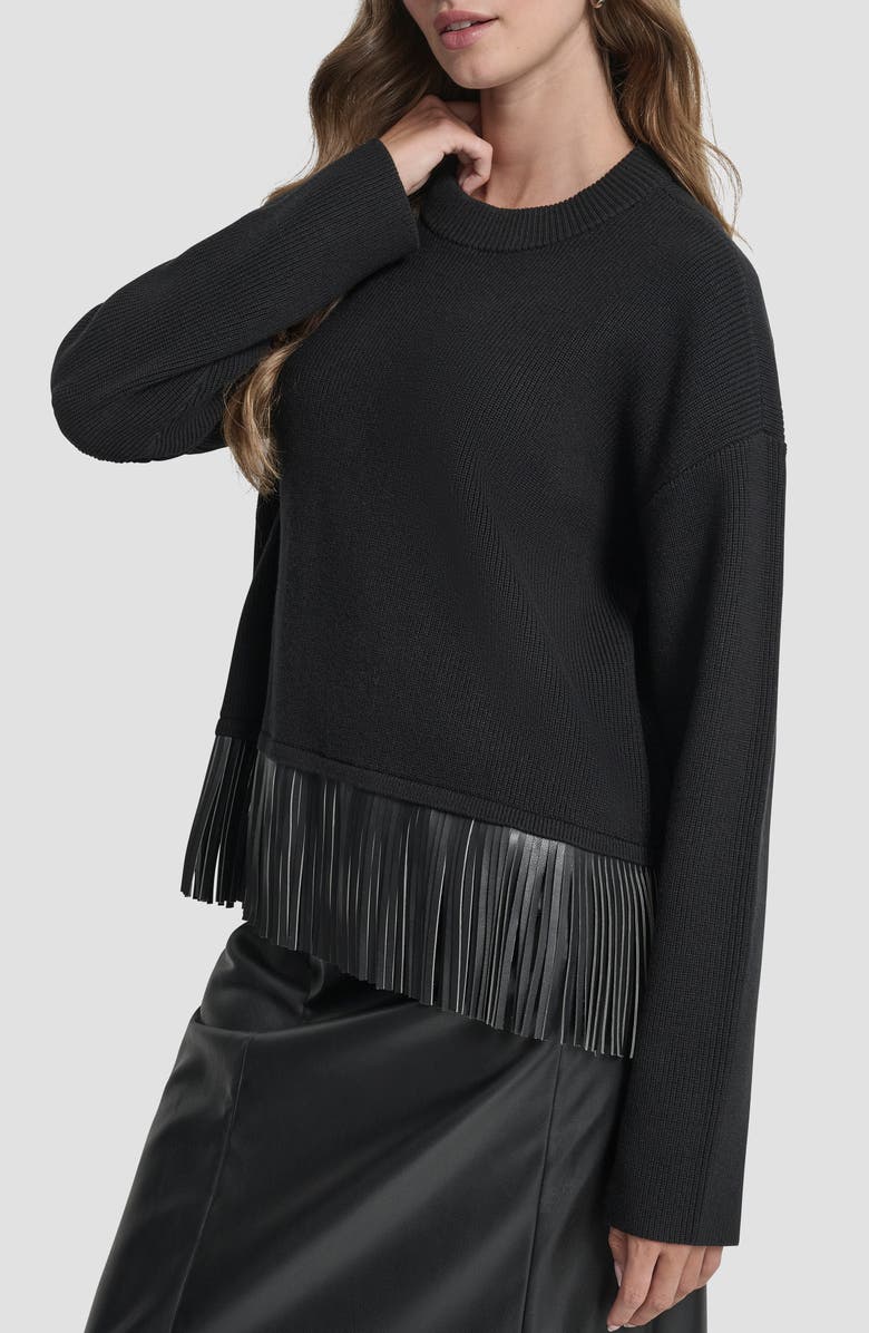 DKNY Faux Leather Fringe Sweater, Alternate, color, Black