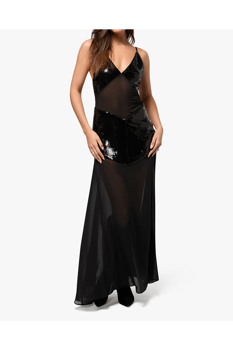weworewhat corset sheer maxi dress Panel (Women) Evening gown Color:BLUE-MULTI Plain Toe Shoes Maude | White Plunge-Neck Crafted from a comfortable