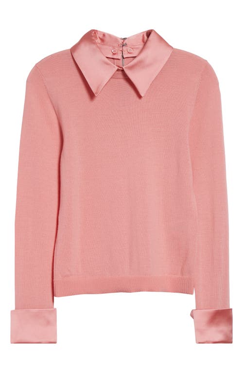 Alice And Olivia Alice + Olivia Porla Collared Mixed Media Silk Sweater In Pink