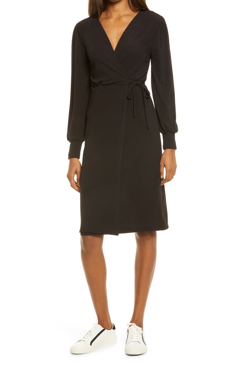 Wrap Long Sleeve Midi Sweater Dress, Main, color, BLACK