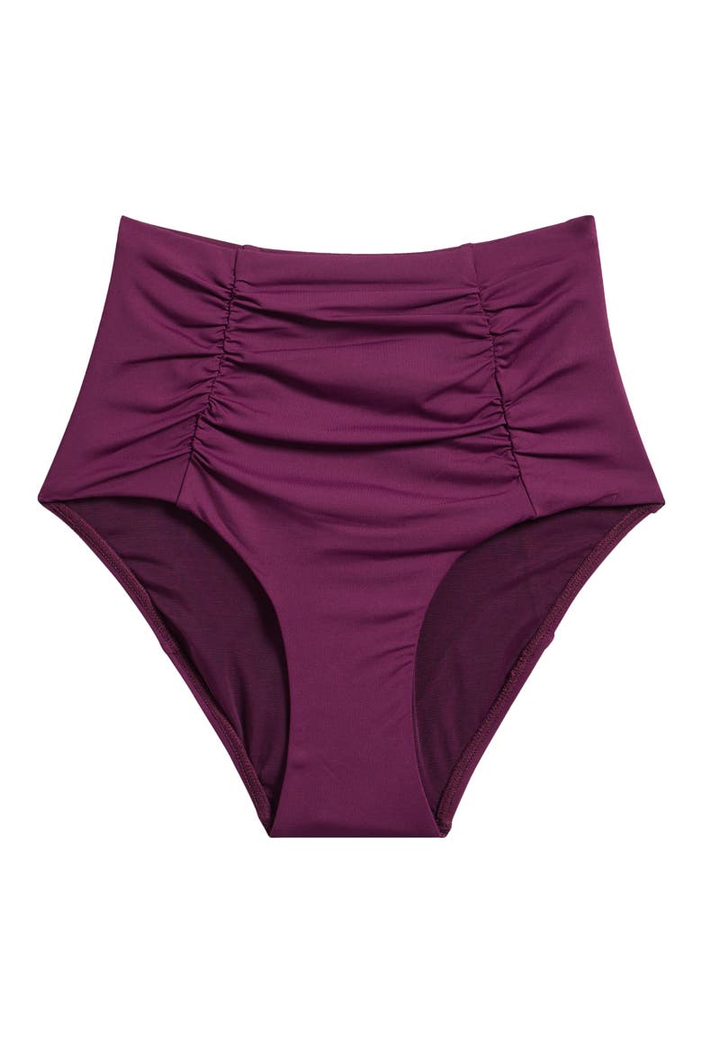 Shirred High Waist Bikini Bottoms, Alternate, color, CLARET