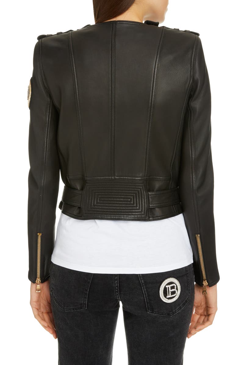 Balmain Epaulet Crop Leather Jacket, Alternate, color, 