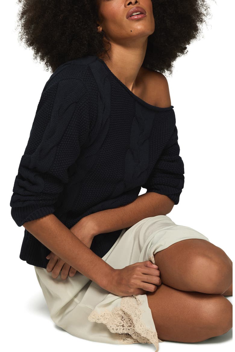 Cable Stitch Boat Neck Sweater, Alternate, color, CADET NAVY