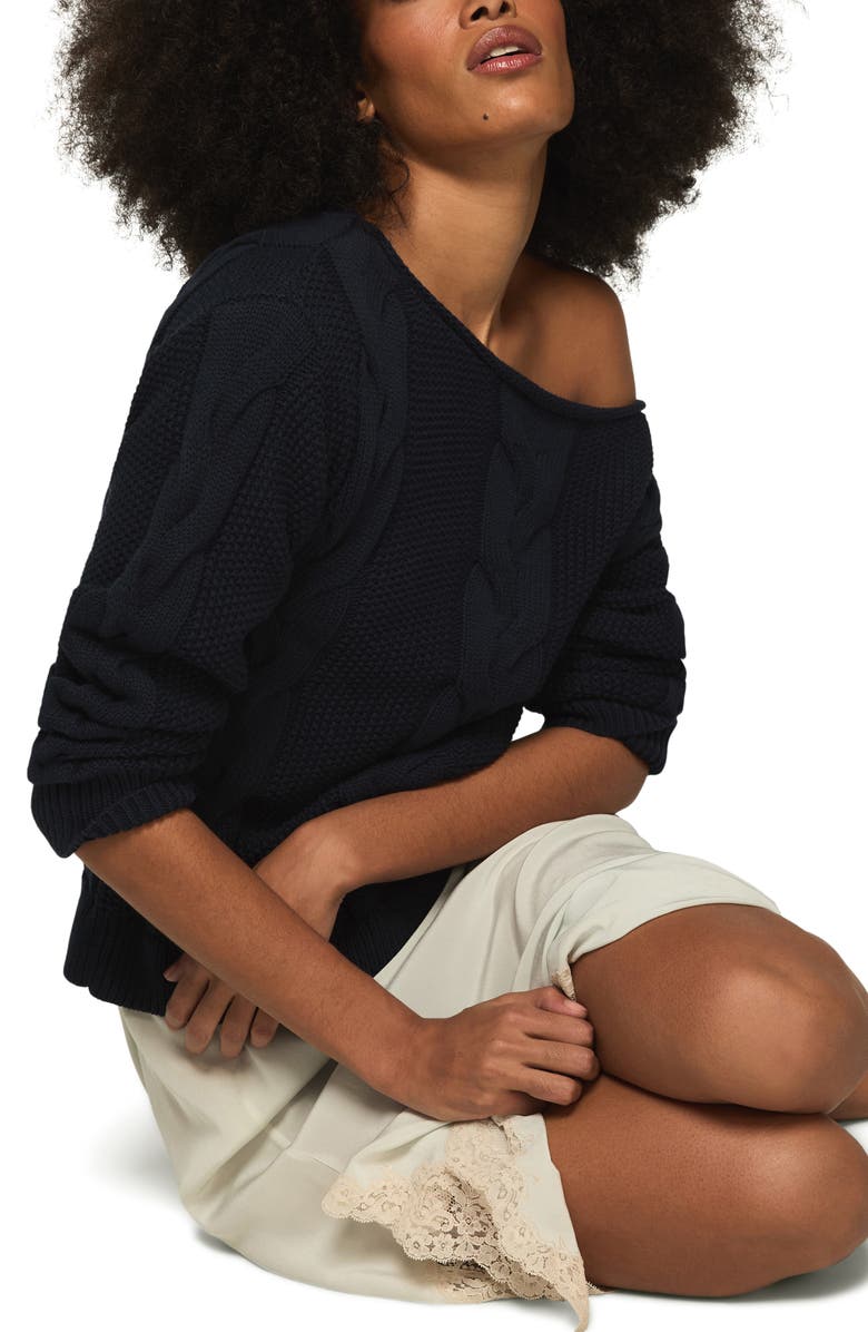 Lucky Brand Cable Stitch Boat Neck Sweater, Alternate, color, Cadet Navy