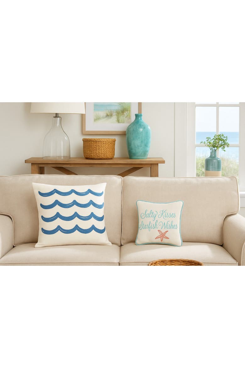 Salty Kisses & Starfish Wishes Embroidered Coastal Decorative Throw Pillow, Alternate, color, Off-White