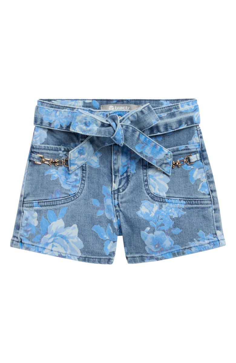 Tractr Kids' Floral Belted Denim Shorts, Main, color, Blue Flora