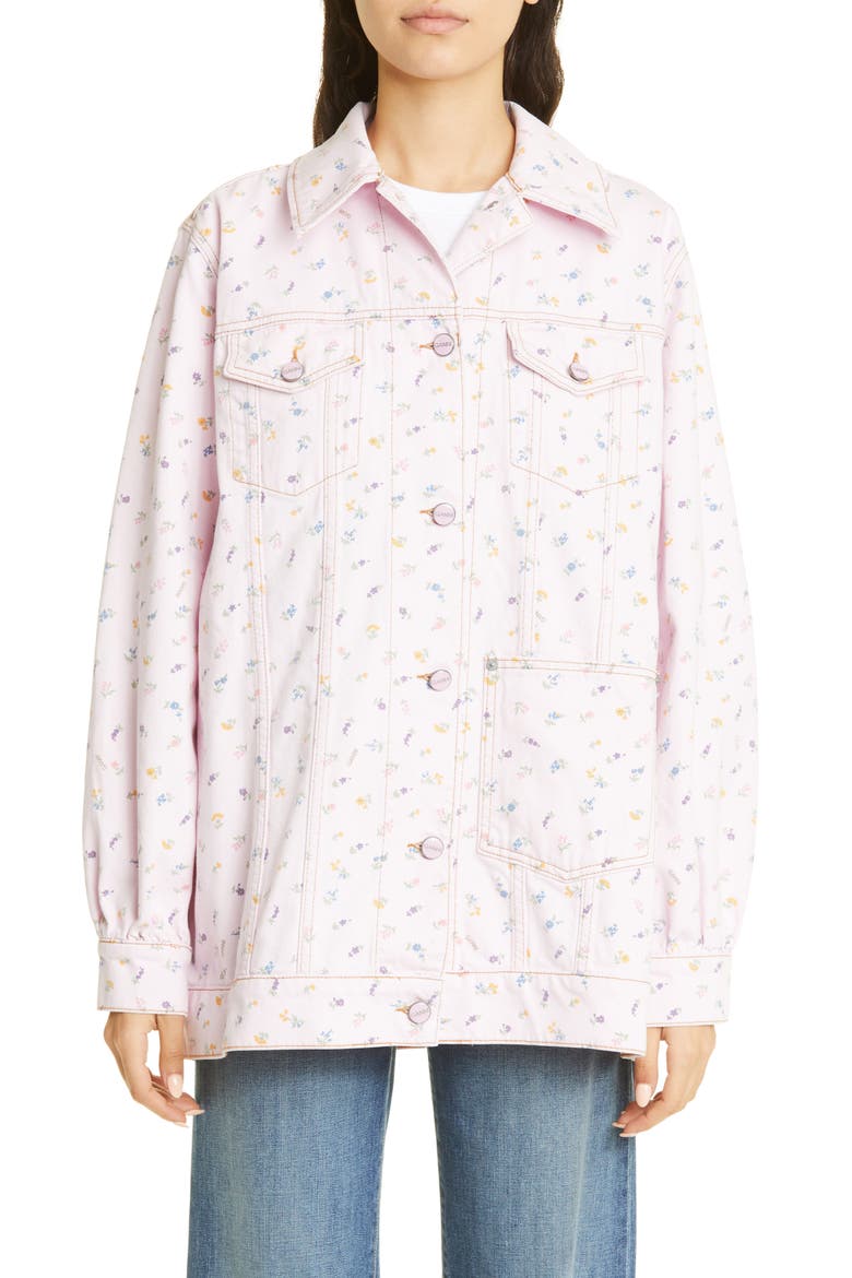 Floral Oversize Organic Cotton Denim Trucker Jacket, Main, color, PINK TULLE