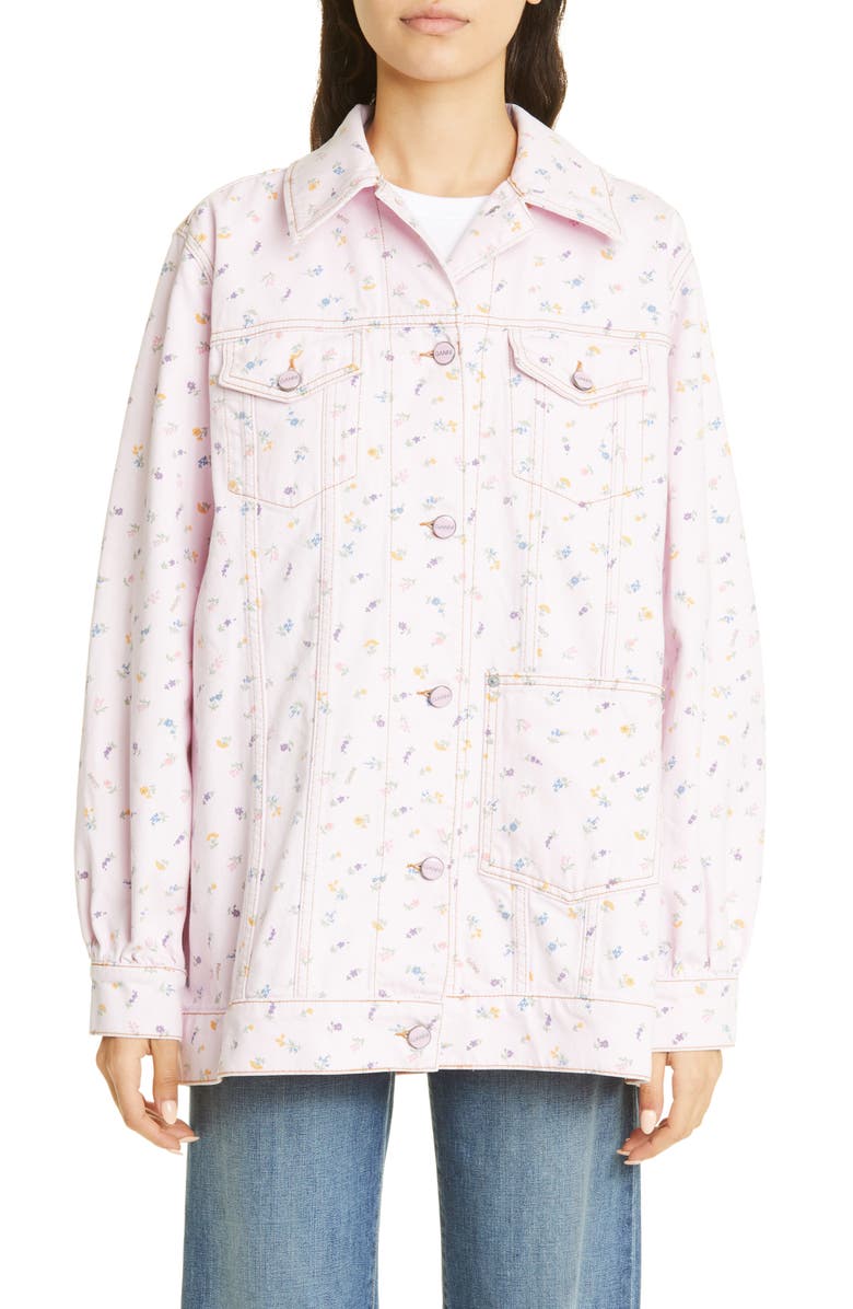 Ganni Floral Oversize Organic Cotton Denim Trucker Jacket, Main, color, 