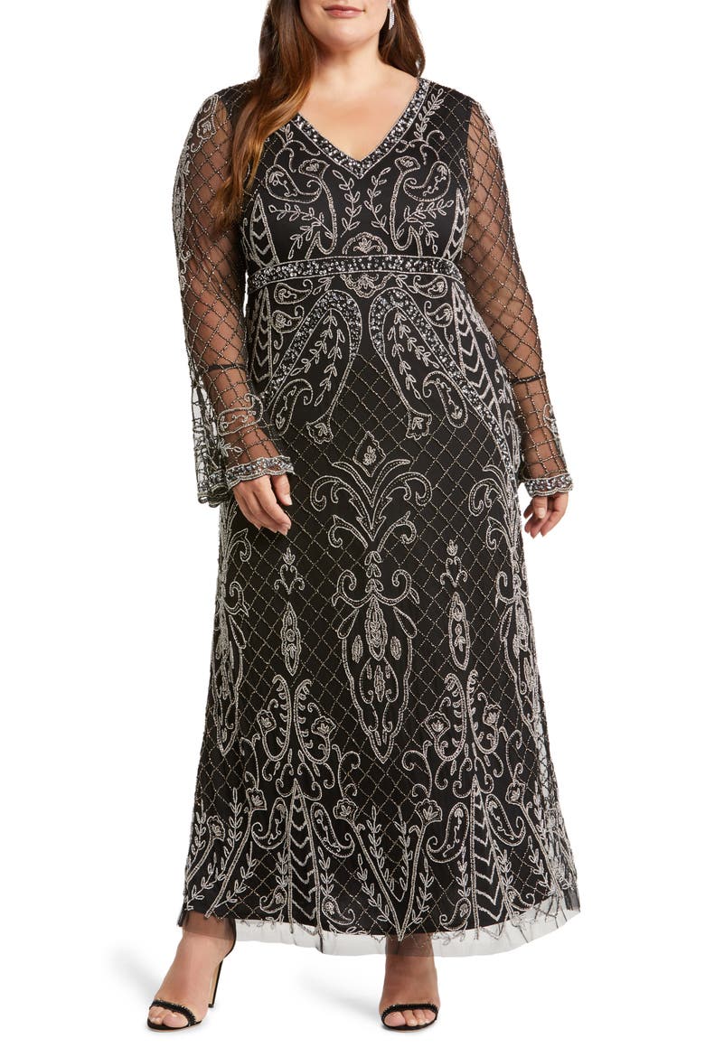 Embellished Sheer Long Sleeve Gown, Main, color, BLACK/ SILVER