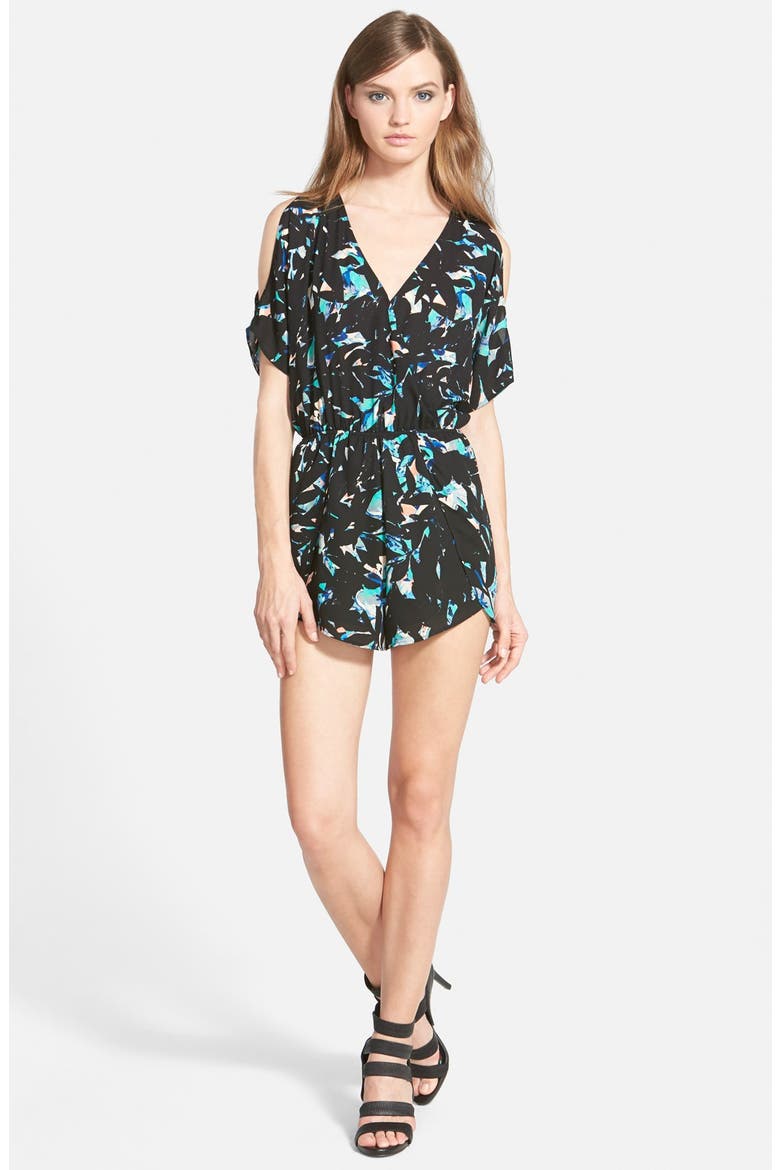 ASTR Cold Shoulder Surplice Romper, Main, color, BLACK