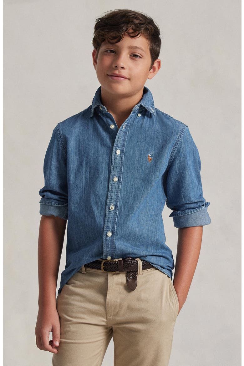 Kids' Chambray Cotton Button-Down Shirt, Alternate, color, DARK BLUE