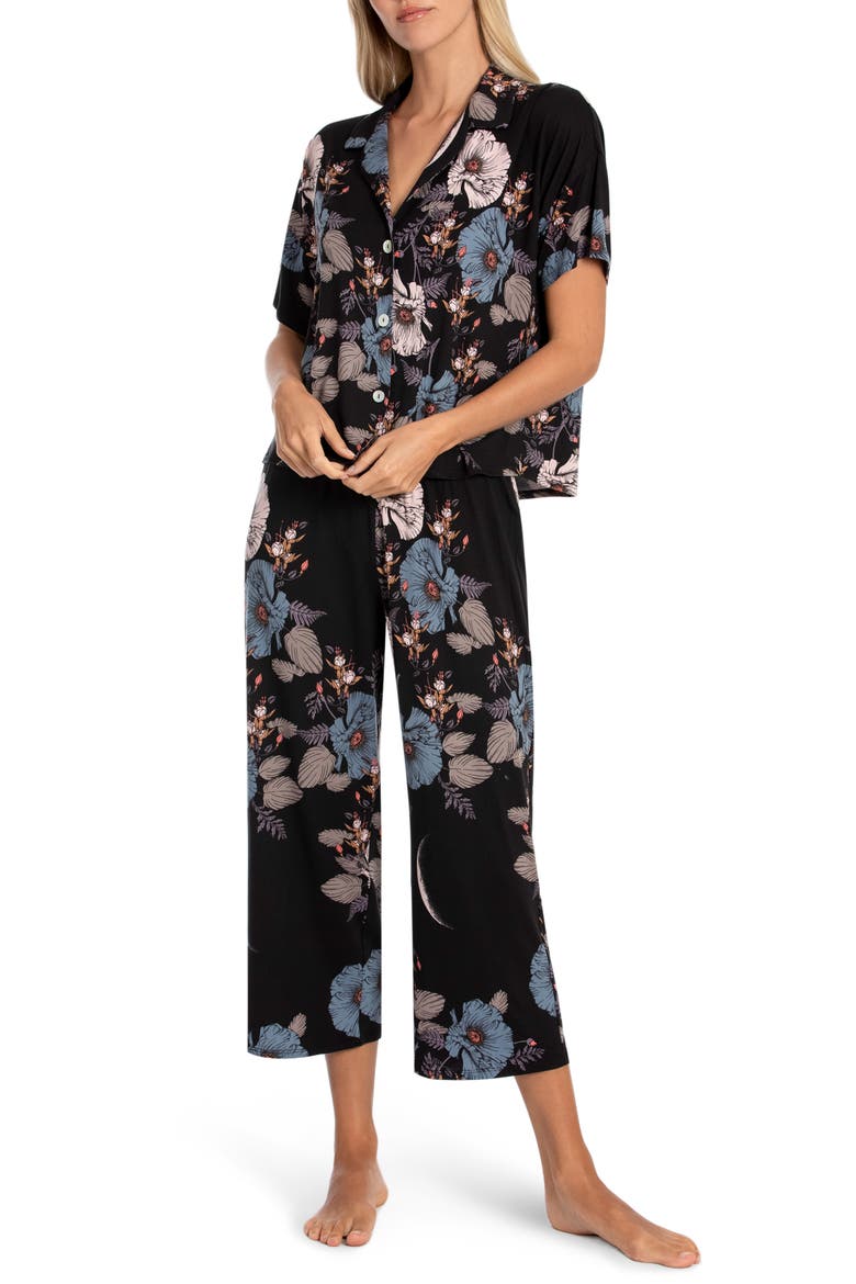 Margot Crop Pajamas (Nordstrom Exclusive), Main, color, LUNA BLACK/ FLORAL