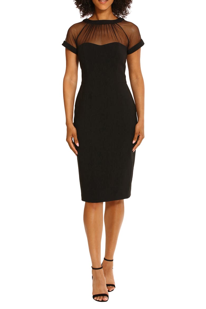 Illusion Short Sleeve Midi Sheath Dress, Main, color, BLACK