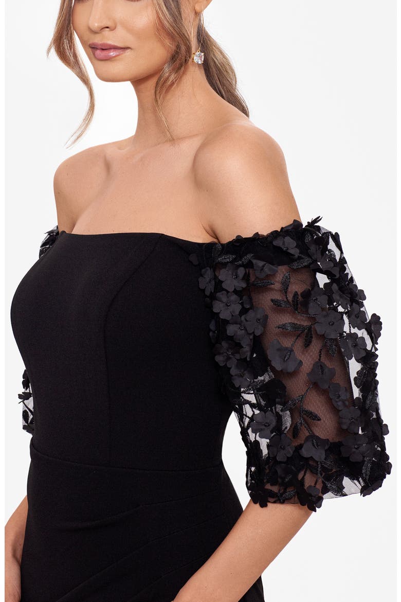 Off the Shoulder Floral Appliqué Trumpet Gown, Alternate, color, BLACK