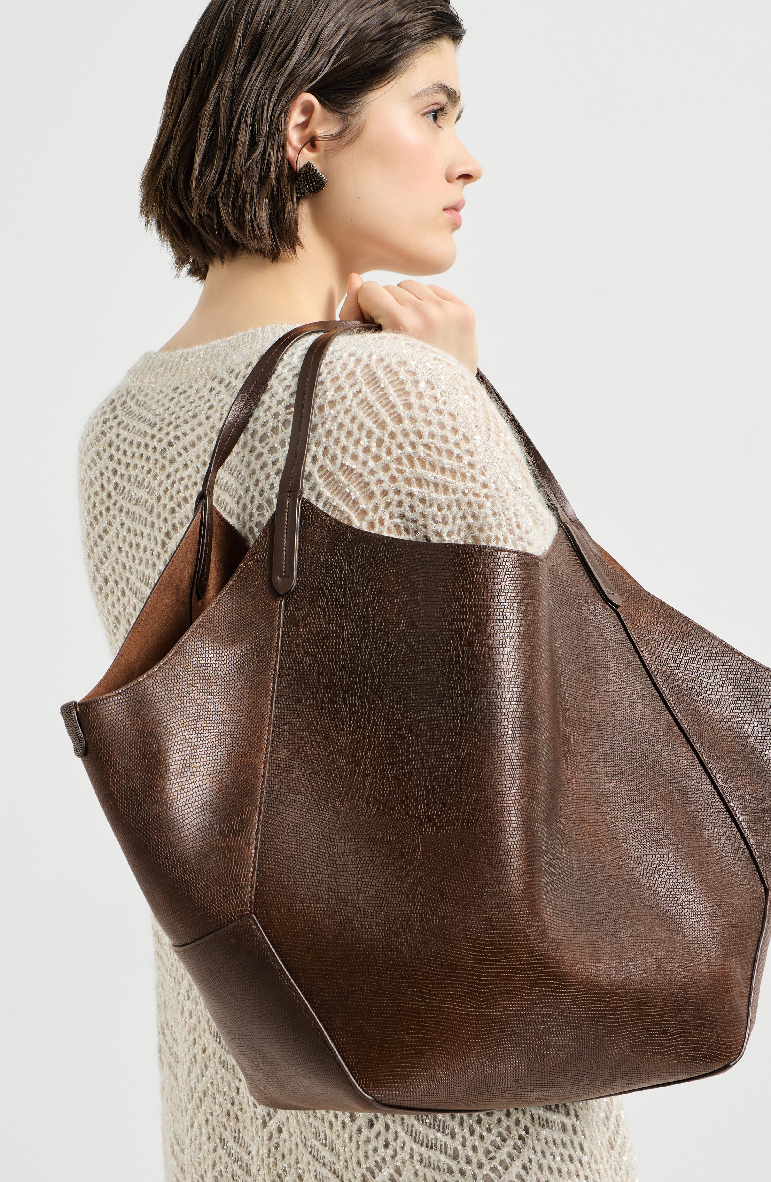 Reversible Duo shopper in lizard-effect calfskin, Alternate, color, Rust Brown