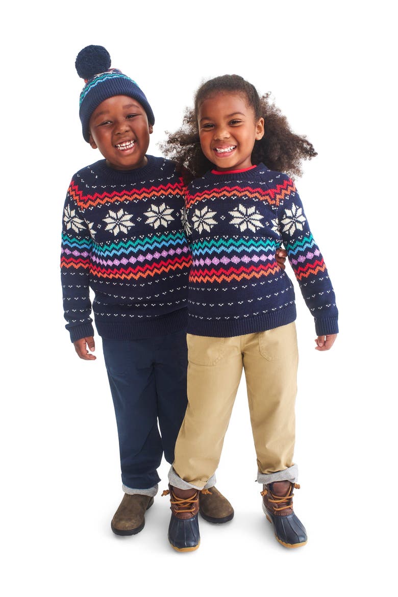 Kids Fair Isle Sweater, Alternate, color, Navy Rainbow Snowflake