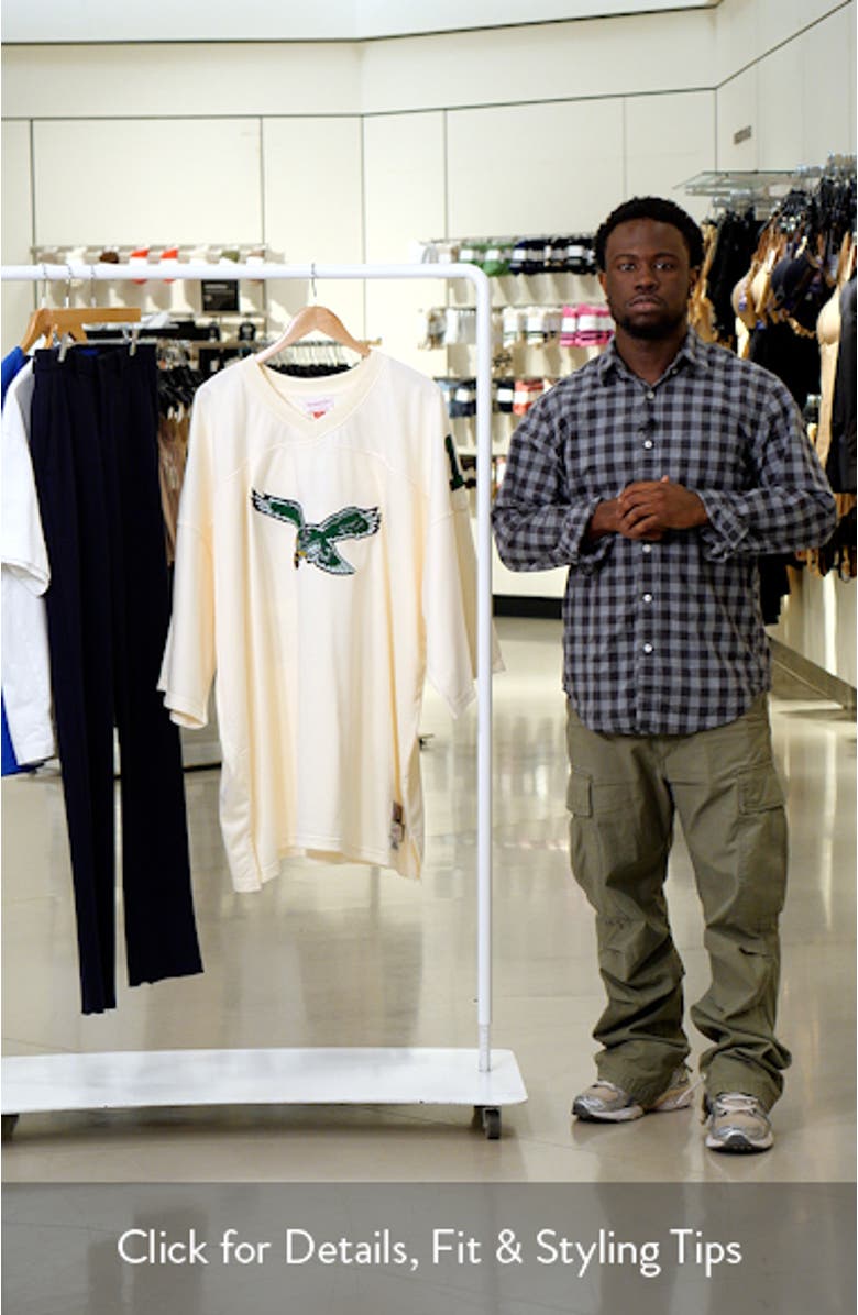 Men's Mitchell & Ness Randall Cunningham Cream Philadelphia Eagles Chainstitch Legacy Jersey, sales video thumbnail