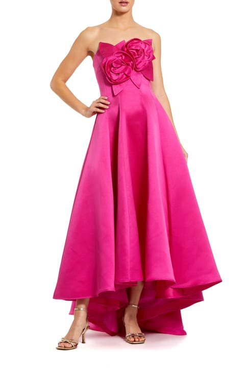Strapless Satin High Low Gown With 3D Flowers