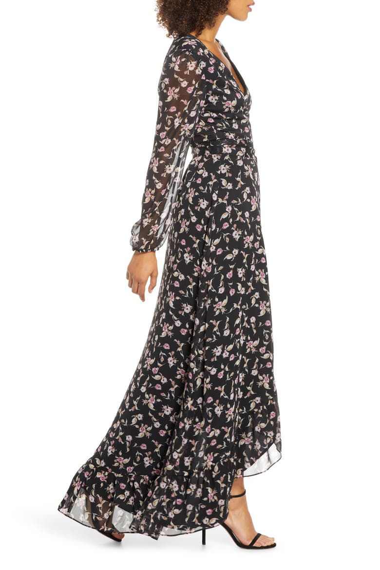 The Meryl Floral Long Sleeve Wrap Gown, Alternate, color, BLACK ALLOVER BLOSSOMS