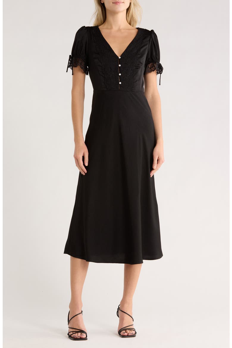 Lace Trim Midi Dress, Main, color, BLACK