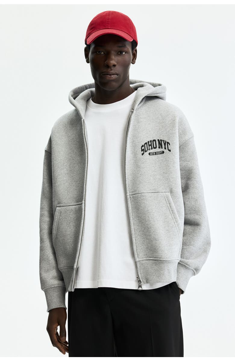 H&M Oversized Fit Printed Zip-through Hoodie, Alternate, color, Gray Melange/Soho Nyc