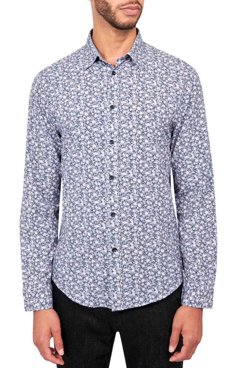Slim Fit Ditsy Floral 4-Way Stretch Performance Long Sleeve Shirt, Main, color, GREY