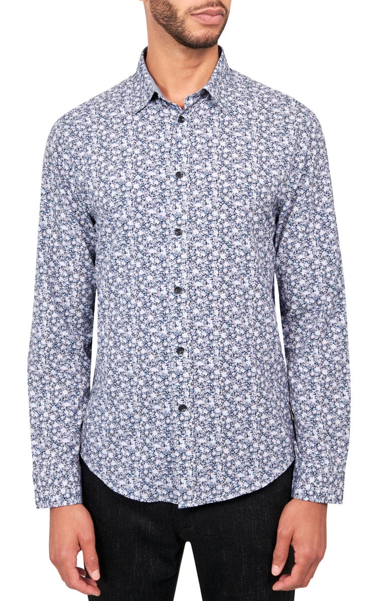 Brooklyn Brigade Slim Fit Ditsy Floral 4-Way Stretch Performance Long Sleeve Shirt, Main, color, Grey