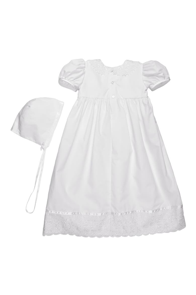 Lace Collar Christening Gown and Bonnet Set, Alternate, color, WHITE