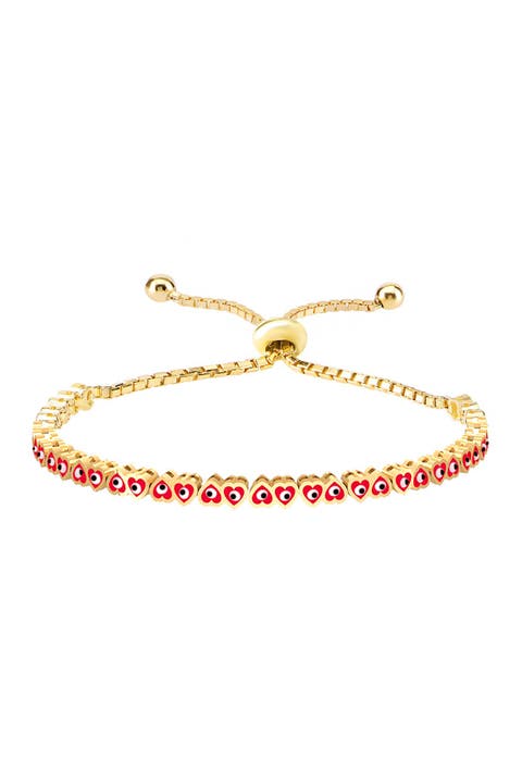 14K Gold Vermeil Red Heart And Evil Eye Adjustable Bracelet