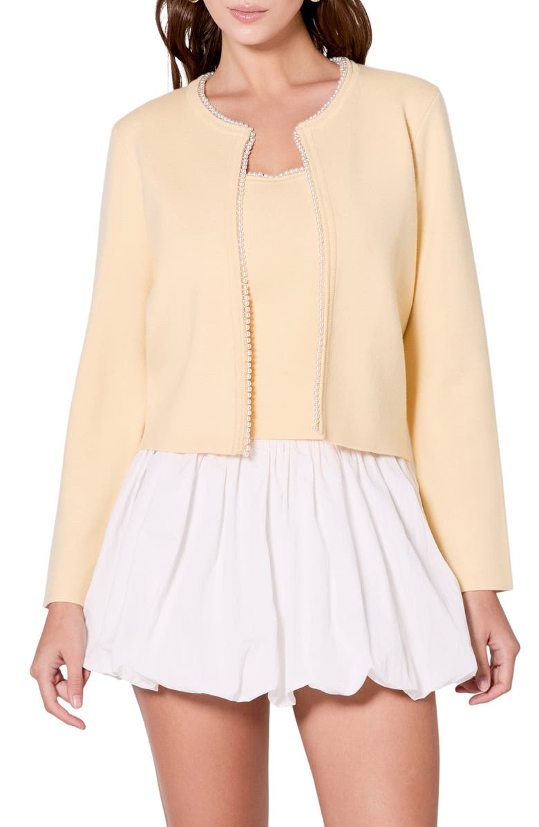 Endless Rose Faux Pearl Trim Cardigan, Main, color, Butter