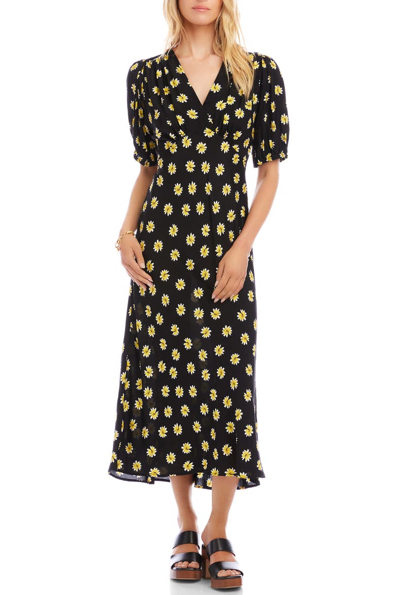 Daisy Print Puff Sleeve Midi Dress, Main, color, BLACK PRINT