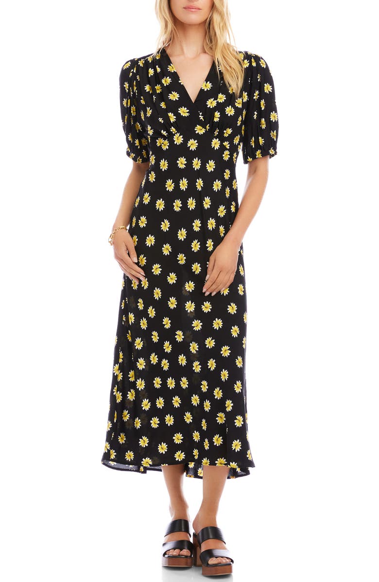 Karen Kane Daisy Print Puff Sleeve Midi Dress, Main, color, Black Print