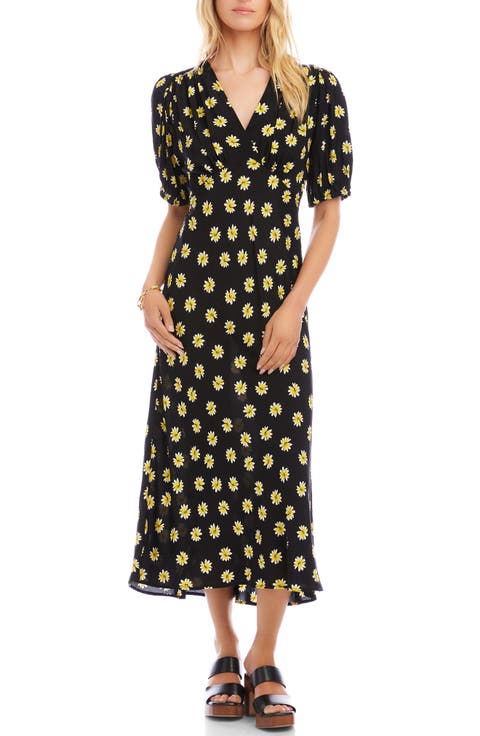 Daisy Print Puff Sleeve Midi Dress