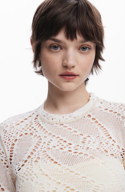 Desigual Open Stitch Long Sleeve Top In Light Beige