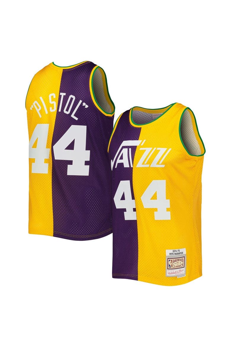 Men's Mitchell & Ness Pete Maravich Purple/Yellow New Orleans Jazz Hardwood Classics 1974/75 Split Swingman Jersey, Main, color, Purple