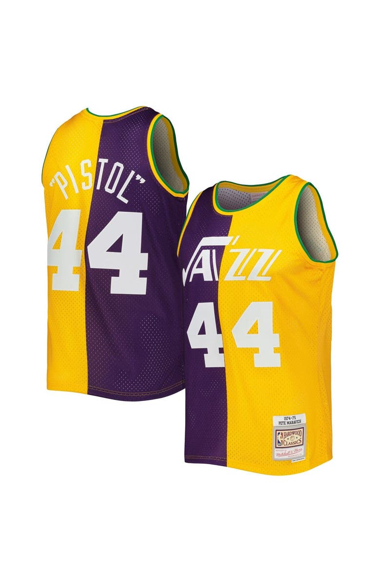 Mitchell & Ness Men's Mitchell & Ness Pete Maravich Purple/Yellow New Orleans Jazz Hardwood Classics 1974/75 Split Swingman Jersey, Main, color, 